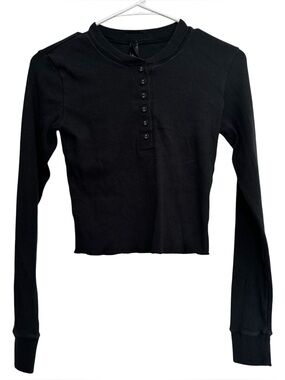 Skims Cotton Rib Henley Top Cropped Black Size M Long Sleeve Fitted Shirt